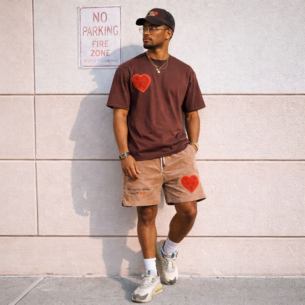 Citizens of Heaven Embroidered Red Heart Brown Corduroy Shorts